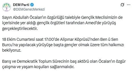 DEM Parti, Öcalan’a Özgürlük Yürüyüşü Düzenliyor: Diyarbakır’da Gerginlik Beklentisi - görsel 1