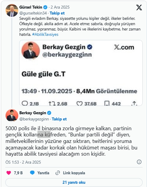 Berkay Gezgin’den Gürsel Tekin’e Sert Yanıt: “Abilik Tavsiyesi Alacağım Son Kişi” - görsel 1