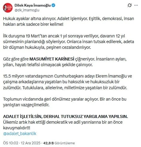 Dilek Kaya İmamoğlu'ndan İBB Davası Tepkisi: "Hukuk Ayaklar Altına Alınıyor, Dava 12 Yıl Sürecek" - görsel 1