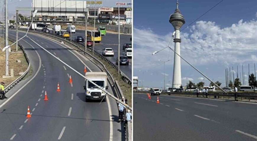 İstanbul'da Şiddetli Rüzgar E-5'te Aydınlatma Direğini Devirdi